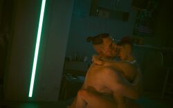 3d cyberpunk_2077 female female_on_top female_v jackie_welles romantic romantic_ambiance romantic_couple romantic_sex saddling video_game_character video_games