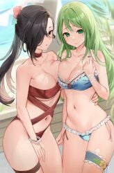 2girls alluring bracelet breasts_squeezed_together brown_eyes brown_hair choker cleavage closed_mouth commission fire_emblem fire_emblem:_path_of_radiance fire_emblem:_radiant_dawn fire_emblem_fates flower green_eyes green_hair hair_flower hair_ornament hair_over_one_eye hand_around_waist haru_(nakajou-28) high_res intelligent_systems jewelry kagero_(fire_emblem) kunoichi long_hair looking_at_viewer multiple_girls nephenee_(fire_emblem) nintendo ponytail red_choker red_ribbon ribbon skeb_commission standing sweat sweatdrop swimsuit thigh_strap