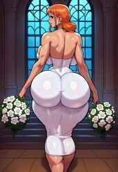 ai_generated ass_focus back_view big_ass big_breasts bimbo bouquet breasts church civitai clothing female female_only full_body fully_clothed long_hair massive_ass nami_(one_piece) one_piece orange_hair standing tagme thick_thighs totallynotafurry789 voluptuous walking wedding_dress wide_hips