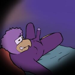 1:1 anthro avian beak bodily_fluids colored digital_drawing_(artwork) digital_media_(artwork) drooling erection eyewear genitals glasses hair hi_res inviting looking_at_viewer looking_back lying male nude on_back penis presenting purple_body purple_hair saliva solo virgo_(virgobiologist) virgobiologist