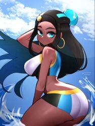 1girls bike_shorts black_hair blue_eyes blue_hair breasts closed_mouth crop_top earrings eyelashes female female female_focus female_only gloves hoop_earrings jaxdrawz jewelry looking_at_viewer multicolored_hair nessa_(pokemon) poke_ball pokemon pokemon_swsh solo sports_bra tattoo two-tone_hair