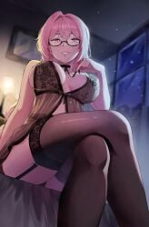 absurdres alternate_costume black_thighhighs breasts commentary cowboy_shot crossed_legs female from_below glasses hair_between_eyes highres indoors lamp large_breasts lingerie long_hair night parted_lips pink_eyes pink_hair sanfu_(sanfu9800) sidelocks sitting sleeveless smile solo stockings thighhighs tsukishiro_yanagi underwear window zenless_zone_zero