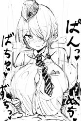 1boy 1girls black_gloves blush breast_grab breast_squeeze breasts brid_(nikke) cleavage elbow_gloves emphasis_lines female geist43195783 goddess_of_victory:_nikke grabbing_own_breast greyscale hair_over_one_eye hat hi_res huge_breasts male monochrome necktie paizuri penis pov simple_background sketch straight sweat turtleneck unbuttoned white_background