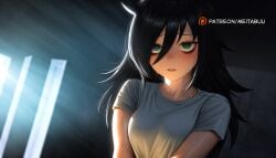 ai_generated bags_under_eyes black_hair blush breasts female green_eyes kuroki_tomoko long_hair looking_at_viewer meitabuu multiple_girls own_hands_together parted_lips shirt solo sweat v_arms watashi_ga_motenai_no_wa_dou_kangaetemo_omaera_ga_warui!