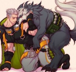 1boy all_fours artist_name bara black_gloves blush canid canine canis chillasan claws clenched_teeth commentary_request dog_tags feral fingerless_gloves gay gay_sex gloves grey_(gyee) gyee jewelry looking_at_another male miles_(gyee) multicolored_hair muscular muscular_male necklace sweatdrop teeth twitter_username white_background wolf zoophilia