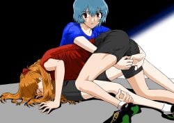 2girls absurdres ayanami_rei black_shoes black_shorts blue_hair blue_shirt catfight closed_eyes female gym_uniform hair_between_eyes highres interface_headset_(evangelion) light_blush long_hair looking_at_viewer multiple_girls neon_genesis_evangelion open_mouth orange_hair red_eyes red_shirt shirt shoes short_hair shorts souryuu_asuka_langley wrestling yuutaku