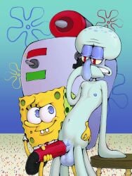 2boys anthro balls big_cock blue_eyes blue_skin cephalopod dreamscreep duo erection gay holding_object looking_at_another looking_down male male/male male_nipples marine milk_machine nickelodeon nipples octopodiform octopus purple_balls red_eyes sea_sponge spongebob_squarepants spongebob_squarepants_(character) squidward_tentacles testicles yellow_skin