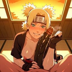 ai_generated drooling forearm_cock horny_female looking_at_viewer naruto naruto_(series) naruto_shippuden penis_awe seductive_smile temari