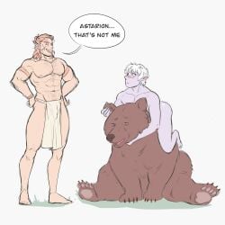2024 4_toes abs ambiguous_feral ambiguous_gender areola armband astarion_(baldur's_gate) baldur's_gate baldur's_gate_3 barefoot bear belly_hair biceps biped black_eyes black_text blush blush_lines body_hair bottomwear brown_bear brown_body brown_claws brown_fur brown_nose bulge chest_hair claws clothed clothing deltoids detailed_bulge dialogue elf english_text eye_roll eyebrows feet feral fur group hair halsin_(baldur's_gate) hands_on_own_hips hi_res humanoid humanoid_on_feral humanoid_pointy_ears larian_studios loincloth long_hair looking_at_another male male/ambiguous male_humanoid mammal muscular muscular_humanoid muscular_male navel nude nude_humanoid nude_male obliques orange_eyebrows orange_hair pawpads pecs petting pink_tongue plantigrade pointy_ears purple_body purple_skin short_hair simple_background sitting snout speech_bubble stubble talking_to_another tan_pawpads teeth text toes tongue topless topless_humanoid topless_male toxosalvaxe trio ursine white_background white_bottomwear white_clothing white_eyebrows white_hair white_loincloth wide_eyed wristband zoophilia