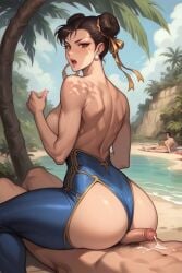 ai_generated ass assjob back_view big_ass blue_leggings breasts brown_eyes brown_hair bubble_butt butt_out buttjob chun-li cum double_bun earrings ejaculation faprunner78 fat_ass female hair_accessory hair_between_eyes hips in_public looking_at_viewer looking_back medium_breasts muscular muscular_arms muscular_back muscular_female muscular_legs natural_breasts open_mouth penis person_in_background plump_ass public public_exposure public_indecency public_nudity round_ass side_view sideboob sitting_on_person slim_girl slim_waist street_fighter thick_thighs thighs tied_hair topless waist wide_hips