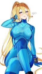 absurdres blonde_hair blue_bodysuit blue_eyes bodysuit breasts commentary covered_collarbone crossed_legs english_text female hair_between_eyes highres large_breasts long_hair looking_at_viewer metroid mole mole_under_mouth nintendo ponytail samus_aran simple_background sitting skin_tight solo speech_bubble wrist_cuffs yasaikakiage zero_suit
