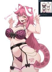 1girls 2d 2d_(artwork) alternate_costume animal_ears animal_print animal_tail big_breasts black_lingerie blush bra fanart fanart_from_twitter female female_only front_view hearts_around_head hololive hololive_english hololive_english_-justice- hourglass_figure light-skinned_female light_skin lingerie long_hair looking_at_viewer myth1c myth1carts panther_ears panther_girl pink_hair pink_lingerie pink_nails raora_panthera ribbon sexy simple_background slim_girl smiling smiling_at_viewer solo standing thong virtual_youtuber voluptuous voluptuous_female vtuber vtuberfanart white_background yellow_eyes young younger_female