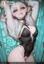 ai_generated arms_up black_leotard blush breasts cleavage clothing_cutout covered_navel cross_earrings dollmaker earrings elf female frieren green_eyes heart highleg highleg_leotard hoop_earrings jewelry leotard long_hair long_sleeves looking_at_viewer makeup medium_breasts pointy_ears pussy shrug_ smile solo sousou_no_frieren symbol-shaped_pupils tagme thighhighs twintails