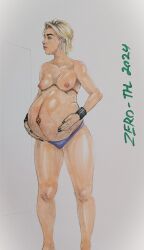 belly blonde_hair blue_eyes breasts earrings female hand_on_hip jewelry lips medium_breasts nail_polish navel nipples panties piercing pregnant ring short_hair solo standing tagme topless traditional_media underwear zero-thl