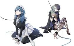 1girls all_fours alternate_costume ankle_cuffs apron arms_tied black_shirt black_thighhighs blue_eyes blue_hair bondage breasts bridal_gauntlets byleth_(fire_emblem) byleth_(fire_emblem)_(female) cape captured chained chains clovisxvii collar cosplay cuffs dagger defeated defeated_heroine felicia_(fire_emblem)_(cosplay) female femsub fire_emblem fire_emblem:_three_houses green_eyes green_hair high_heels highres juliet_sleeves knife knife_in_mouth large_breasts leash leggings long_hair long_sleeves maid maid_apron maid_headdress maid_uniform multiple_subs multiple_views navel_cutout nintendo pantyhose puffy_sleeves restrained shirt simple_background sitting slave submissive teal_hair thighhighs tied_up torn_clothes torn_legwear torn_pantyhose waist_apron weapon white_background wrist_cuffs