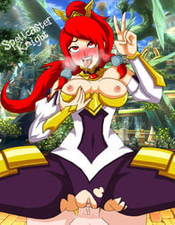 1boy 1girls ahe_gao big_breasts blazblue blush breasts clothed_female_nude_male clothed_sex cowgirl_position female hair izayoi izayoi_(blazblue) long_hair male male/female mouth_open open_mouth penetration penis pussy pussy_juice red_eyes red_hair ripped_clothing sex spellcaster_knight spread_legs tsubaki_yayoi vaginal_penetration