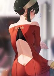 2girls anya_(spy_x_family) anya_forger bare_shoulders black_hair blush butt_crack dress earrings hairband highres holding jewelry long_hair multiple_girls nape narrow_waist raijuu_(bakanara) raised_eyebrows red_dress red_eyes school_uniform sidelocks spy_x_family yor_briar yor_forger