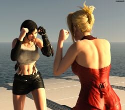 2girls age_difference athletic athletic_female belly belly_button blonde_hair brown_hair catfight dressed female fight fighting fighting_stance final_fantasy final_fantasy_vii long_hair milf muscular scarlet_(ffvii) sports_bra sports_shorts thighs tifa_lockhart xamjam3d