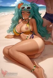 1boy 1girls 2d ai_generated aqua_hair ass barefoot big_ass big_breasts bikini bracelet brazilian_miku breasts dark-skinned_female earrings erection erophoenix eyewear_on_head feet full_body grin hair_flower hair_ornament hatsune_miku huge_breasts interracial jewelry kneeling long_hair looking_at_viewer looking_back male nail_polish patreon_username shorts smile soles solo solo_female straight sunglasses swimsuit tan tellow_shirt thick thick_thighs toes uncensored vocaloid