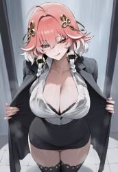 1girls ai_assisted ai_generated black_bra black_thighhighs bra bra_visible_through_clothes changli_(wuthering_waves) cleavage eyeshadow female inviting jacket licking_own_lips office office_lady open_clothes orange_eyes pencil_skirt pink_hair revealing_clothes skirt teasing thighhighs tongue truck-kun_art truck_kun wet white_hair white_shirt wuthering_waves