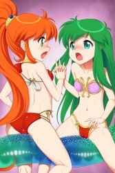 2girls armor ass ayanokouji_rem bare_shoulders between_thighs bikini bikini_armor blush breasts cameltoe caron_(rall) commission commissioner_upload crossover dream_hunter_rem eye_contact face-to-face frottage fugetsu_taku green_eyes green_hair groin highres holding_hands kneepits long_hair looking_at_another moaning multiple_girls navel open_mouth orange_hair pink_bikini ponytail red_bikini sf_choujigen_densetsu_rall skeb_commission small_breasts spread_legs straddling swimsuit tentacle thighs trait_connection very_long_hair