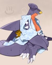 2025 3_toes anthro areola black_sclera breasts claws clothed clothed_anthro clothed_female clothing digital_media_(artwork) feet female garchomp generation_4_pokemon hi_res kame_3 nintendo pokemon pokemon_(species) purple_body purple_tail simple_background sitting solo tail teeth toe_claws toes topwear yellow_eyes
