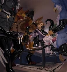 anal anthro avian bird group gryphon hi_res jericko_(germanshepherd69) killioma kneeling latex male male/male muscular mythological_avian mythological_creature mythology scalie size_difference wings