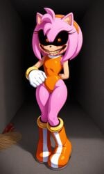 ai_art ai_generated amy.exe amy_rose angelauxes angelauxes_(ai_generated) black_sclera blood_on_face blood_stain bodysuit boots creepy_smile creepypasta full_body gloves looking_at_viewer pillar_chase_2 pink_fur pink_hair red_eyes sonic.exe sonic.exe_(series) thorn_(pillar_chase_2)