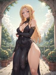 1futa 1girls ai_generated alpha_(the_eminence_in_shadow) balls big_penis black_dress blonde_hair blue_eyes bluebewwy breasts bulge cleavage dress elf erection erection_under_clothes female futa_only futanari garden gloves huge_cock intersex lips long_gloves long_hair medium_breasts nipple_bulge outdoors penis penis_under_clothes pointy_ears sky solo standing testicles the_eminence_in_shadow thick_thighs