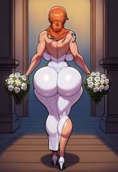 ai_generated ass_focus back_view big_ass big_breasts bimbo bouquet breasts church civitai clothing female female_only full_body fully_clothed high_heels long_hair massive_ass nami_(one_piece) one_piece orange_hair standing tagme thick_thighs totallynotafurry789 voluptuous walking wedding_dress wide_hips