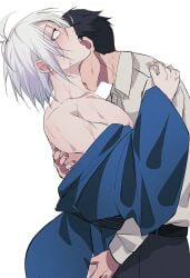 2boys black_hair embrace gay gegege_no_kitarou hair_over_one_eye half-closed_eyes head_back hug kimono kitarou_tanjou_gegege_no_nazo licking looking_pleasured male male_only medama_oyaji_(human) mizuki_(gegege_no_kitarou) off_shoulder pale-skinned_male pale_skin side_view sweat tnk_tmtm tongue_out white_hair yaoi
