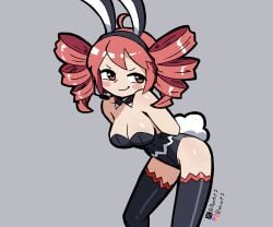 1girls bunny_ears bunnysuit cleavage drill_hair female female_only kasane_teto microphone pepeart red_hair solo solo_female thighhighs utau