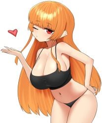 1girls big_breasts blowing_kiss bra human inkling inkling_girl kaori_(splatoon) nobunagapero orange_hair peronattu red_eyes splatoon winking_at_viewer