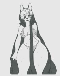 1girls anthro bikini black_lips black_markings breasts erect_nipples female furry looking_at_viewer mole_on_breast mole_under_eye monochrome naughty_face one_eye_closed original_character sweat sweating sweaty thick_thighs two_tone_hair very_long_hair wet_body wet_hair wolf wolf_ears wolf_girl wolf_humanoid wolf_tail wulfang_(zeradias) zeradias
