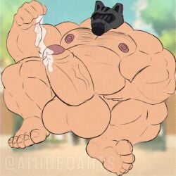 1boy age_progression bara barazoku belly biceps bodysuit cock cum cumming daddy dawson_jett dick fanganronpa fat_male gear hairy hairy_armpits hairy_chest helmet male male_only mask masked masked_male muscle_growth musclegut nipples nude pecs penis project:_eden's_garden weight_gain