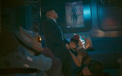 3d blowjob blowjob_face cyberpunk_2077 female female_v jackie_welles red_hair secret_sex suit suit_and_tie video_game_character video_games