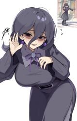 1girls alternate_breast_size bags_under_eyes black_dress black_hair breasts dress earrings female hair_between_eyes hex_maniac hex_maniac_(pokemon) hex_maniac_(z-a) highres jewelry large_breasts long_hair long_sleeves looking_at_viewer nail_polish neck_ribbon nintendo pokemon pokemon_legends:_z-a purple_eyes purple_ribbon ribbon white_background zet_(twt_zet)