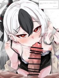 1boy bar_censor black_dress black_hair blue_archive breasts censored demon_girl demon_horns dress ear_piercing fellatio female grey_halo grey_jacket halo highres horns jacket kayoko_(blue_archive) kayoko_(dress)_(blue_archive) licking licking_penis long_hair looking_at_viewer machismo_fuji multicolored_hair nipples official_alternate_costume oral penis piercing pov pov_crotch red_eyes request_inset saliva_on_penis small_breasts straight translation_request two-tone_hair veins veiny_penis white_hair
