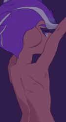 1boy arms_above_head arms_up back back_muscles back_view colored digital_drawing_(artwork) digital_media_(artwork) hands_up inkrinkr looking_at_viewer looking_back male male_focus male_only naked naked_male nude nude_male octoling octoling_boy purple_eyes purple_hair simple_background splatoon splatoon_3