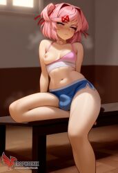 1futa 1girls 2d ai_generated ass bangs barefeet big_ass bra breasts doki_doki_literature_club erection erection_under_clothes erophoenix feet female female_focus full_body futanari looking_at_viewer looking_back natsuki_(doki_doki_literature_club) nude pale_skin pale_skinned_female patreon_username pink_eyes pink_hair small_breasts small_penis smile soles solo solo_female sweat thick thick_thighs toes uncensored