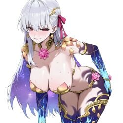 ai_assisted bent_over blush clothed fate/grand_order female female hanging_breasts kama_(fate) kama_(fate/grand_order) light-skinned_female red_eyes revealing_clothes smile solo solo_female teasing truck-kun_art truck_kun white_hair