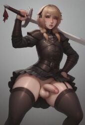 1boy ai_generated balls blonde_hair civitai cock_out femboy flaccid_penis flat_chest holding_sword male neutral_expression pale-skinned_male short_hair skirt testicles thighhighs twintails weapon