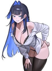 absurdres black_bra black_panties black_thighhighs blue_eyes blue_hair blue_nails bra breasts cleavage collarbone female fingernails highres hololive hololive_english large_breasts long_sleeves multicolored_hair nail_polish ouro_kronii panties partially_unbuttoned shirt simple_background smile solo thighhighs two-tone_hair underwear virtual_youtuber white_background white_shirt zeon_(zzeeonn)
