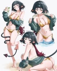 absurdres animal_ears bare_shoulders bikini blush breasts collarbone female gold_bikini highres jane_doe_(zenless_zone_zero) large_breasts long_hair looking_at_viewer mouse_ears mouse_girl mouse_tail multiple_views navel smile swimsuit tail thighs waligner zenless_zone_zero