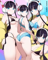 ass bikini black_bikini black_hair blue_choker blue_eyes blue_one-piece_swimsuit breasts butt_crack choker competition_swimsuit elesa_(pokemon) female headphones highres jacket kaos_art large_breasts long_hair looking_at_viewer low_twintails multiple_views nintendo one-piece_swimsuit pokemon pokemon_bw2 swimsuit thighs twintails very_long_hair yellow_jacket