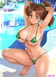 1girls alluring arms_up barefoot big_breasts bikini bishoujo_senshi_sailor_moon breasts brown_hair collarbone covered_erect_nipples curvy feet female green_bikini green_eyes hands_behind_head high_ponytail high_res makoto_kino micro_bikini navel nipple_bulge open_mouth oyaman parted_lips pin_up ponytail pool sailor_jupiter solo swimming_pool swimsuit tan thighs toes water
