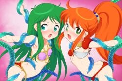 2girls armor armpits arms_up ass ayanokouji_rem between_thighs bikini bikini_armor bikini_pull breasts butt_crack buttjob buttjob_under_clothes caron_(rall) choker clothes_pull commentary_request commission commissioner_upload crossover dream_hunter_rem face-to-face fugetsu_taku green_eyes green_hair grinding leaning_forward long_hair multiple_girls open_mouth orange_hair outstretched_arms pink_bikini ponytail rape red_bikini restrained sf_choujigen_densetsu_rall shoulder_armor skeb_commission small_breasts swimsuit tentacle tentacles_under_clothes trait_connection very_long_hair
