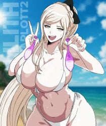 1girls ass beach big_ass big_breasts bikini blonde_hair blonde_hair_female blue_eyes breasts condom condom_balloon condoms cum_in_condom danganronpa danganronpa_2 danganronpa_2:_goodbye_despair light-skinned_female light_skin lilithcharlott2 long_hair smile smiling smiling_at_viewer smirk smirking smirking_at_viewer sonia_nevermind used_condom v_sign voluptuous voluptuous_female white_bikini