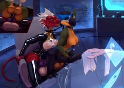 anal animal_genitalia animal_penis anthro avian balls beak big_balls bird black_nipples bodily_fluids breasts city city_background claws clothing collar collar_pull coraciiform cutaway dragon duo equine_genitalia equine_penis exposed_breasts feathers feet foot_on_table furniture genital_fluids genitals goatesque gynomorph herm hi_res intersex intersex/intersex intersex_penetrating latex latex_clothing leaking_precum leaking_pussy_juice motmot mythological_creature mythological_scalie mythology nipple_piercing nipples penetration penile penile_penetration penis piercing power_bottom precum pussy_tape scalie science_fiction seljhet sheath table talons tape thorphax toe_claws toes trinidad_motmot