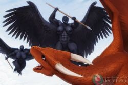 2girls abs ai_generated anthro avian beak big_breasts black_feathers breasts crow dark_nipples decathex dragon feathered_wings feathers female female_focus fight flying holding_spear horns muscles muscular muscular_anthro muscular_arms muscular_female muscular_thighs navel nipples nude pussy sky spear subscribestar_username tail_feathers talons thighs watermark wings